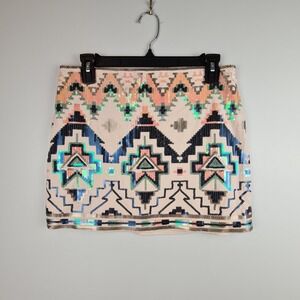 Express Sequin Geometric Aztec Mini Skirt Beige Multi Small Party Festival Slim